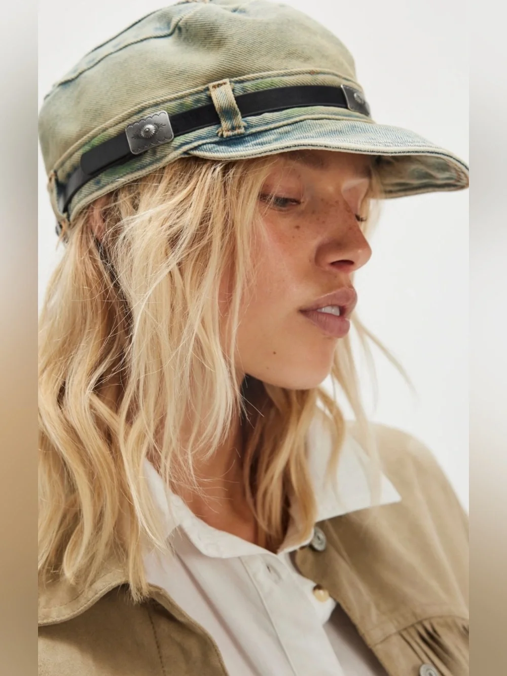 NWT Free People Washed Denim Cadet Hat Cotton Light Wash Blue w/updo Cutout - Picture 1 of 8